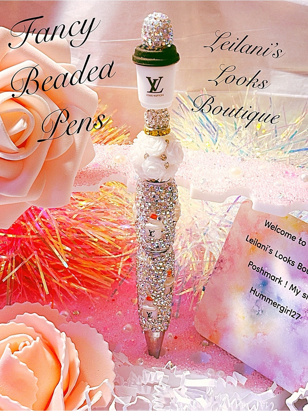Leilani's Looks Boutique Fancy Beaded White Crystal Pen/white tea cup/